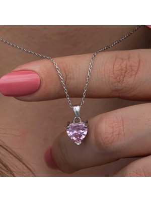 Yvz Store Gümüş Pembe Taşlı Kalpli Kadın Kolye
