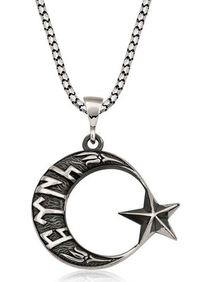 Yvz Store Gümüş Göktürkçe Türk Yazılı Ay Yıldız Erkek Kolye