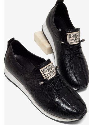 Tonny Black Kadın Siyah Rahat Kalıp Ortopedik Bağcıklı Loafer