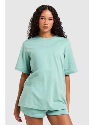 Nike Sportswear Organic Cotton Loose Fit T-Shirt Kadın Nakış Swooslu Bol Kesim Tişört Yeşil