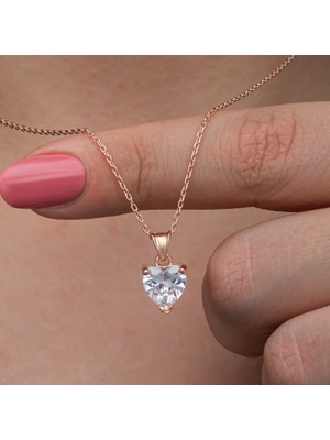 Yvz Store 925 Ayar Gümüş Rose Beyaz Taşlı Kalpli Kadın Kolye