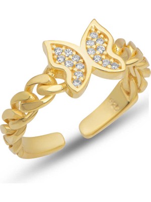 Yvz Store Gümüş Ayarlanabilir Gold Kelebek Kadın Yüzük