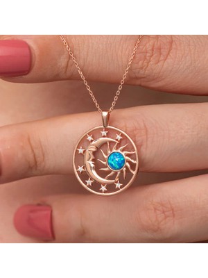 Yvz Store Gümüş Rose Opal Mavi Taşlı Ay Güneş Kadın Kolye