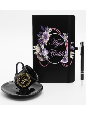 As Gift Kişiye Özel Ajanda Defter & Siyah Fincan &siyah  Roller Kalem Hediye Seti