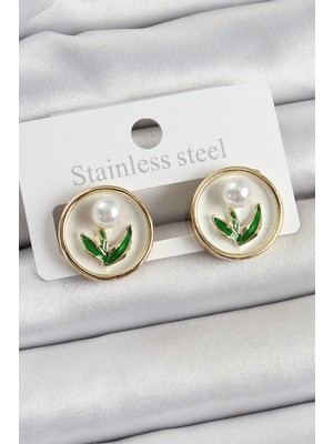 My Best Store Ietaks™ Pirinç Beyaz Mineli Lale Figürlü Sanatsal Portre Model Gold Renk Kadın Küpe