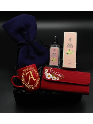 As Gift Kişiye Özel Kırmızı Cüzdan & Baskılı Kırmızı Kupa & Şal & Rebul Jasmine Sprey Kolonya Hediye Seti