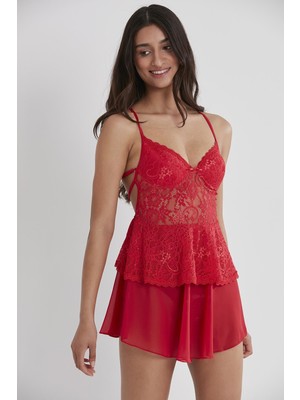 Pierre Cardin Kadın Saten Dantelli Gecelik - 645 Kırmızı Renkli Romantik Detaylarla