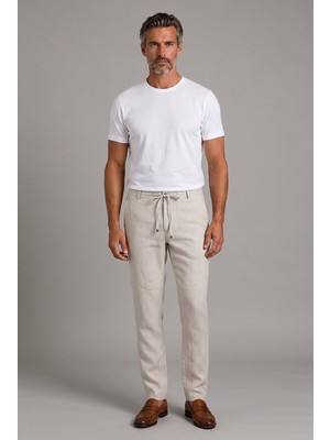 Bisse Ekru Keten Bağcıklı Lastikli Spor Pantolon PNS25Y25106_D03