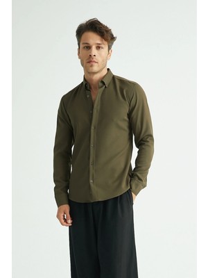 Redline Erkek Gömlek Haki Renk Slim Fit Kolay Ütü Nefes Alan Klasik Stil Uzun Kol
