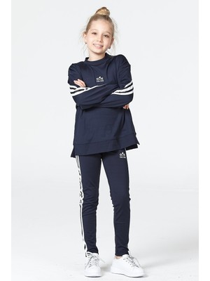 Black One Kız Çocuk Salaş Yırtmaçlı Tayt-Sweat Takımı Lacivert %95 Polyester Sonbahar Kış