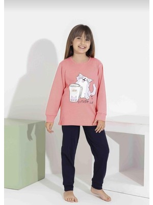 Rapapa Kız Çocuk Kedi Baskılı Uzun Kollu Pijama Takımı – Rahat Ev Giyimi-8411-