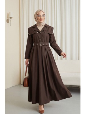 Moda Morfo Yarım Düğmeli Yakalı Yan Cepli Kemerli Pamuk Saten Elbise  -Kahve