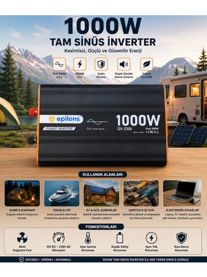 tp 1000W Tam Sinüs Inverter 12V Ac Çevirici | Sessiz Fanlı, USB Çıkışlı, Araç Karavan Tekne Solar Uyumlu Güç Inverteri ( Lisinya )