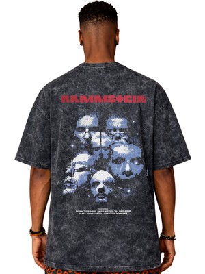 Sevbano Rammstein Rock Metal Müzik Grubu Baskılı Unisex Oversize Eskitme Yıkamalı Tişört