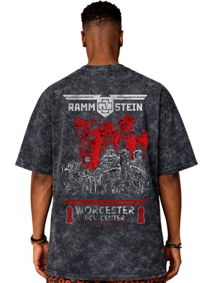 Sevbano Rammstein Rock Metal Müzik Grubu Baskılı Unisex Oversize Eskitme Yıkamalı Tişört