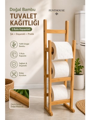 Penthouse Bambu Tuvalet Kağıtlığı 3’lü Yedek Rulo Standı Ahşap Wc Kağıtlık Organizer