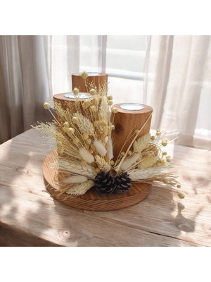 Buket Düşler Atölyesi %100 Doğal Ahşap Mumluk Seti / Taban Çapı 20 cm Yükseklik 16 cm / 3'lü Set / Alt Stanta Sabit