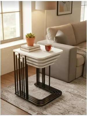 Mervish Decor 4’lü Tekerlekli Siyah Metal Ayaklı Beyaz Mdf Zigon Sehpa & Yan Sehpa Takımı