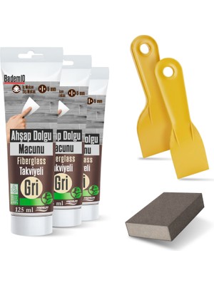 Badem10 (6'lı) Ahşap Tamir Seti Gri Renk (2 Adet) 125 ml Tamir Macunu + 2 Adet Spatula + Kübik Zımpara