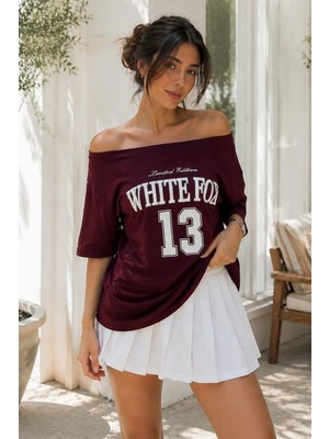 Madmext Bordo Kayık Yaka Oversize Baskılı Tişört MG2824