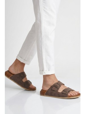 Aspor Kahve Çift Tokalı Erkek Düz Terlik
