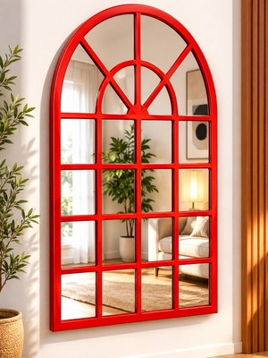 Bmd Mobilya Dekoratif Kırmızı Pencere Duvar Aynası 70X123 cm | Modern Salon, Antre ve Hol Aynası