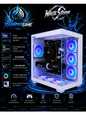 Rainpro Whitestorm Intel Core Ultra 5-225F 32 GB Ddr5 1 Tb Nvme SSD RTX5060 8gb 145W Windows 11 Pro 7 Rgb Fanlı Beyaz Akvaryum Kasa Oyuncu Bilgisayarı WHITESTORMRNP06