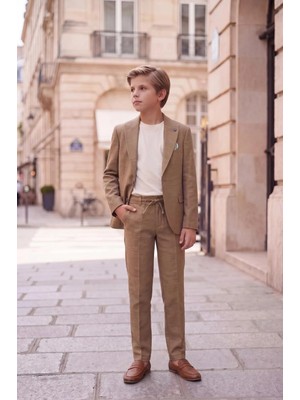 Butik Happy Kids Erkek Çocuk Kahve Takım Elbise Keten Spor Takım Ceket Pantolon Tişort 8-14 Yaş
