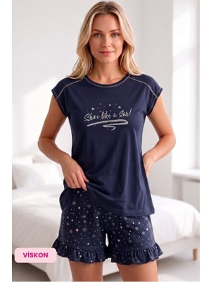 Guava Kadın Desenli Düğmesiz Bisiklet Yaka Yazlık Viskon Kısa Kol Mini Şortlu Pijama Takımı