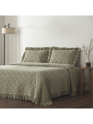 Ecocotton Tanya Çift Kişilik Pike Yatak Örtüsü Takımı %100 Pamuk Dokuma Açık Yeşil 260X240 cm