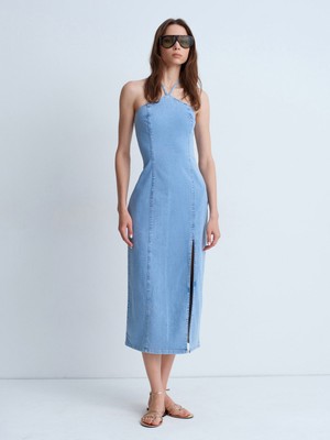 Dilvin 90580 Boyundan Bağlamalı Midi Denim Elbise-Mavi