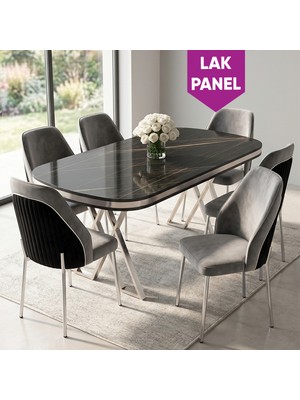 Canisa Lindia Serisi 90X168 Lak Panel Siyah Mermer Desen Krom Ayaklı Masa Takımı 6 Gri Sandalye