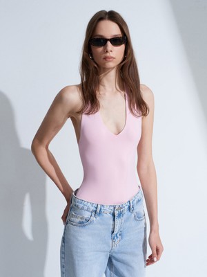 Dilvin 21231 Halter Yaka Bodysuit-Toz Pembe