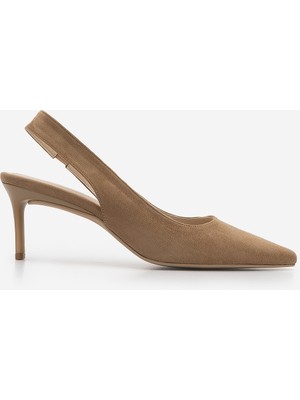 Marjin Kadın Stiletto Sivri Burun Arkası Açık Atkılı Kalın Bantlı Klasik Topuklu Ayakkabı Cenvo Camel Süet