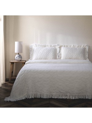 Ecocotton Tanya Çift Kişilik Pike Yatak Örtüsü Takımı %100 Pamuk Dokuma Krem 260X240 cm