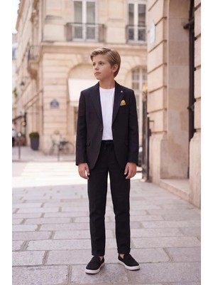 Butik Happy Kids Erkek Çocuk Siyah Takım Elbise Keten Spor Takım Ceket Pantolon Tişort 8-14 Yaş