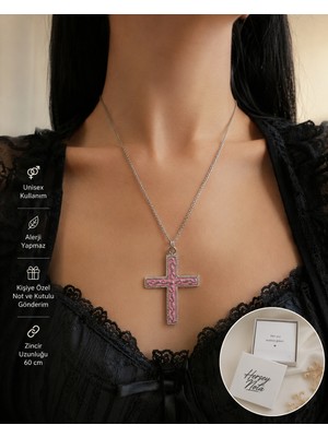 Herşey Nota Pembe Gotik Haç Kolye – Unisex Vintage Stil Zincir Kolye 60 cm