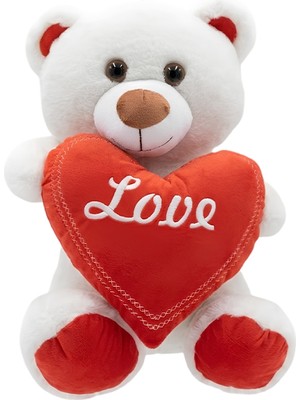 Pufu Toys Kalp Tutan Kırmızı Ayaklı Pelüş Ayıcık Beyaz 30 cm 04030