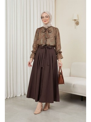 Moda Morfo Yakası Bağlamalı Etnik Desen Kolu Lastikli Şifon Bluz  -Kahve
