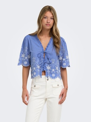 Only Onlmıffy S/s Emb Tıe Top Noos Wvn Kadın Mavi Bluz - 15364399