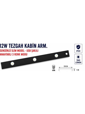 Lampist 120CM Siyah 12W 3renk USB Şarjlı Pilli Sensörlü Tezgah Kabin Armatürü