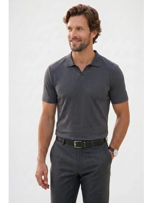 Tudors Erkek Slim Fit Dar Kesim Pamuklu Kısa Kollu Çizgili Antrasit Polo V Yaka Tişört