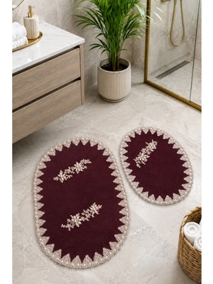Teksev Mürdüm 2li Fransız Dantelli Lüks Banyo Paspası Kaymaz Çeyizlik Oval Banyo Paspas Seti Lauris