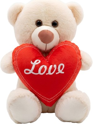 Pufu Toys Kalp Tutan Beyaz Ayaklı Pelüş Ayıcık Krem 30 cm 04030