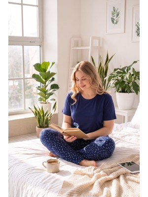 Guava Homewear Kadın Büyük Beden İndigo Düğmesiz Bisiklet Yaka Viskon Kısa Kollu Pijama Takımı(Basen Kapatır Tunik Boy)