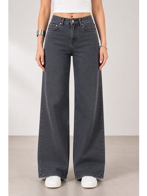 Lighter Jeans Füme Wide Leg Palazzo Jean Kadın Pantolon Yüksek Bel Likralı Bol Paça Denim Jean