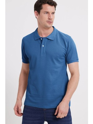 Tudors Erkek Slim Fit Dar Kesim %100 Pamuk Kısa Kollu Polo Yaka Mavi Tişört