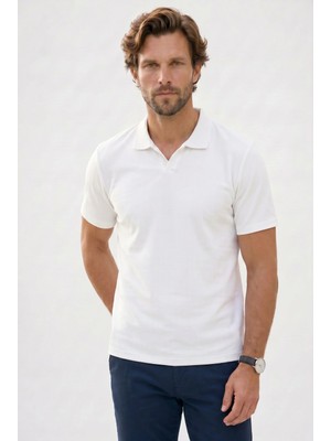 Tudors Erkek Slim Fit Dar Kesim Pamuklu Kısa Kollu Çizgili Ekru Polo V Yaka Tişört