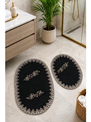 Teksev Siyah 2li Fransız Dantelli Lüks Banyo Paspası Kaymaz Çeyizlik Oval Banyo Paspas Seti Lauris