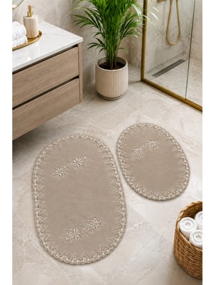 Teksev Vizon 2li Fransız Dantelli Lüks Banyo Paspası Kaymaz Çeyizlik Oval Banyo Paspas Seti Lauris